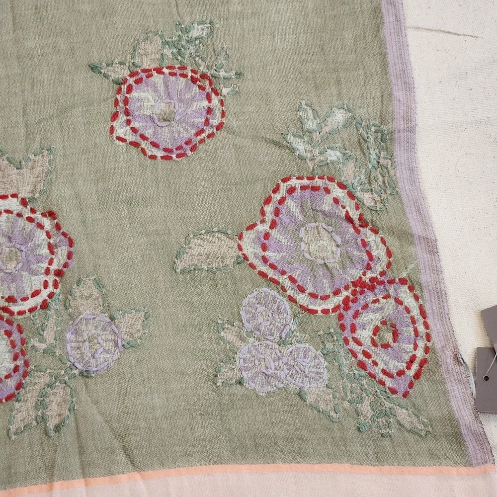 New J. Jill Cotton Floral Embroidered Fringe Scarf Pink Green Kantha Light